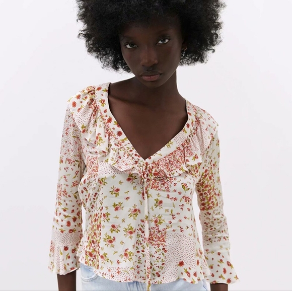 Zara Patchwork Printed Blouse with Ruffles - Picture 1 of 14
